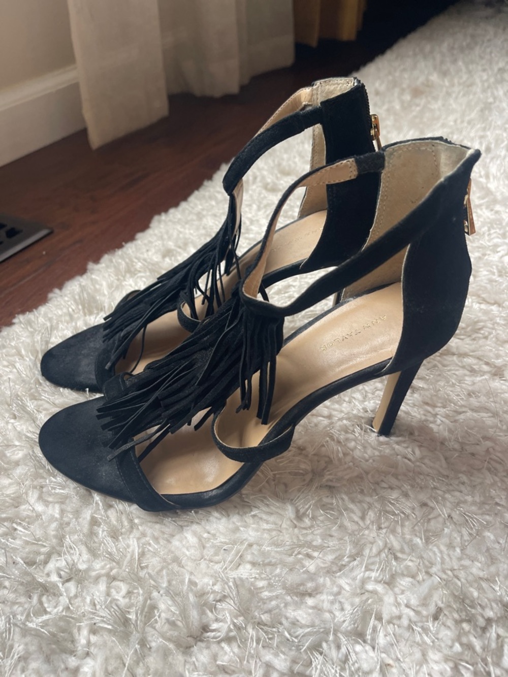 Ann Taylor Black Suede Fringe Heeled Sandal